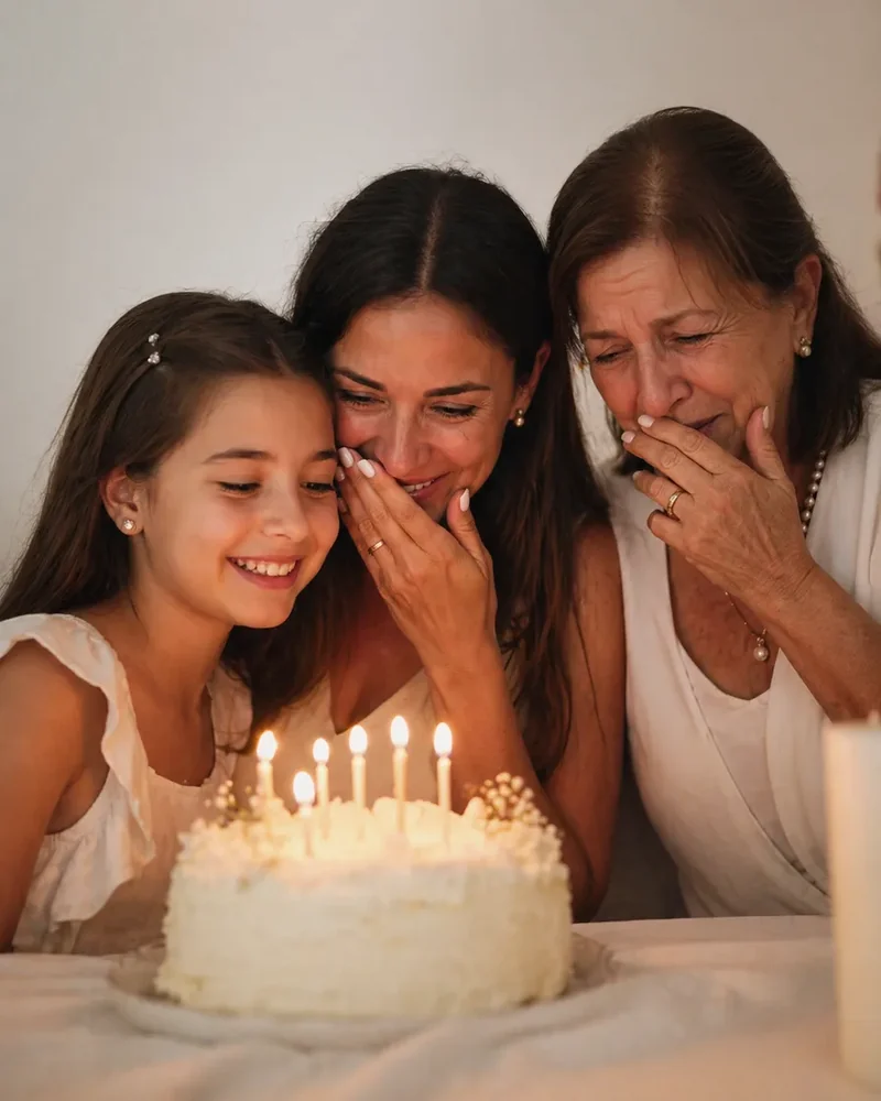Tres generaciones emocionadas, abuela, mamá e hija, compartiendo un momento inolvidable con su canción personalizada